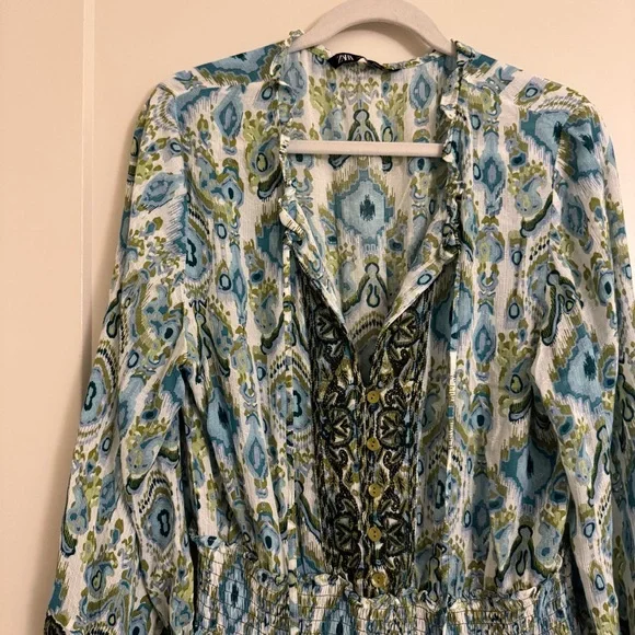 Zara Blue and Green Long Sleeve Maxi Dress - Picture 3 of 6